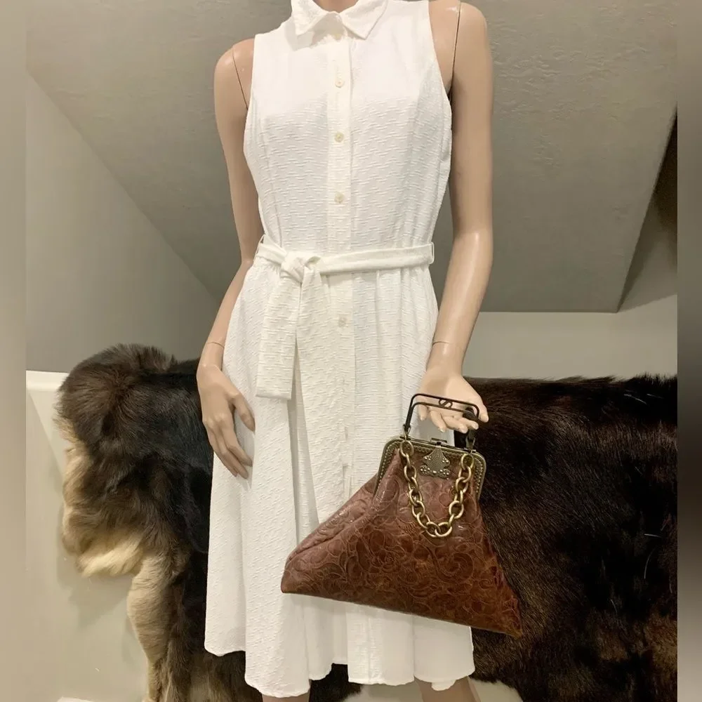 Brown Floral-Embossed Leather Shoulder Bag with Chain Handle